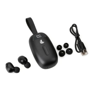 Cuffie in-ear t.b.t. nere con custodia di ricarica, auricolari e cavo USB.