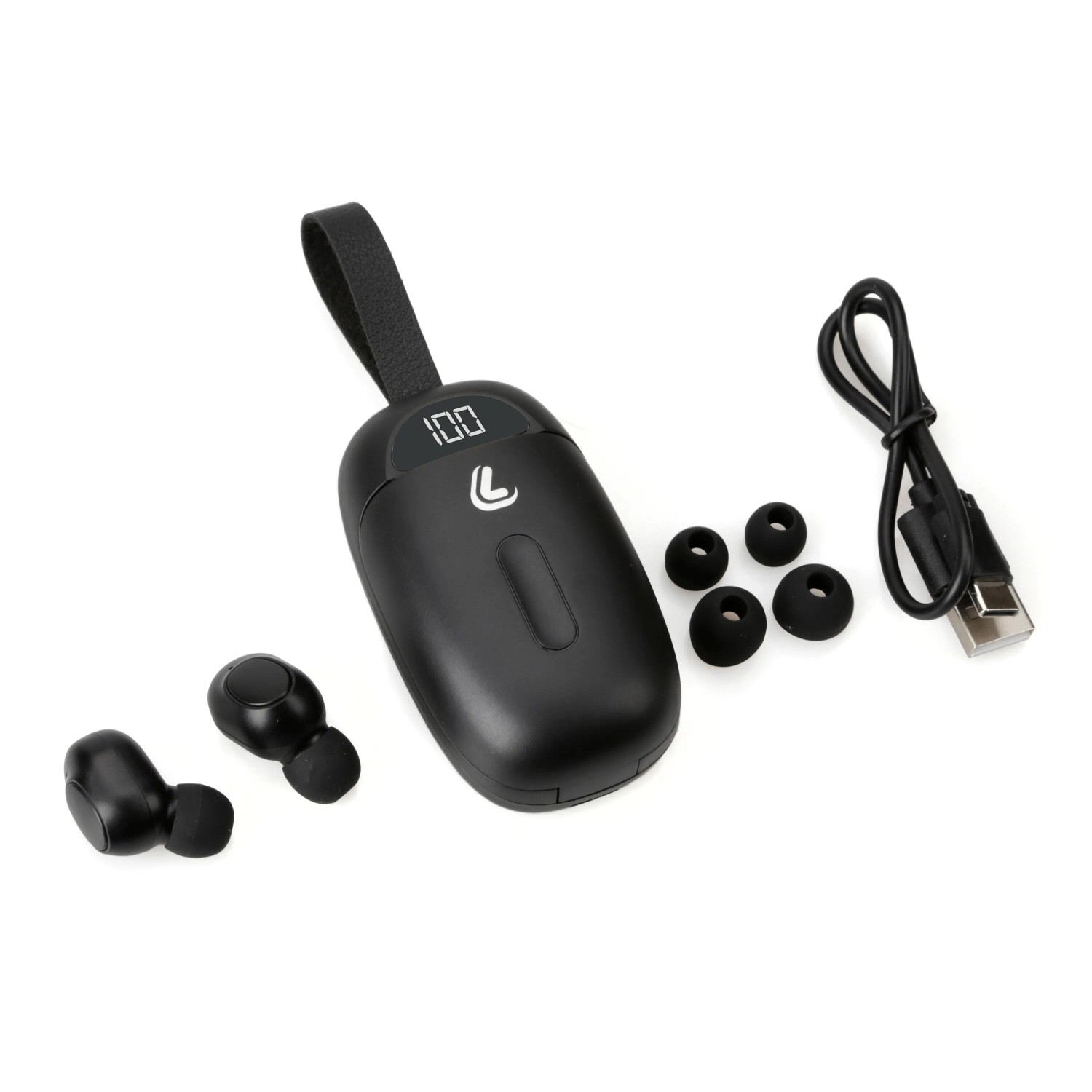 Cuffie in-ear t.b.t. nere con custodia di ricarica, auricolari e cavo USB.