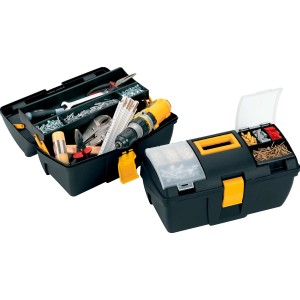 Valigette porta attrezzi aperte e chiuse, riempite con utensili e accessori.