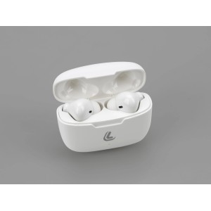 Auricolari in-ear bianchi t.b.t. nella custodia di ricarica.