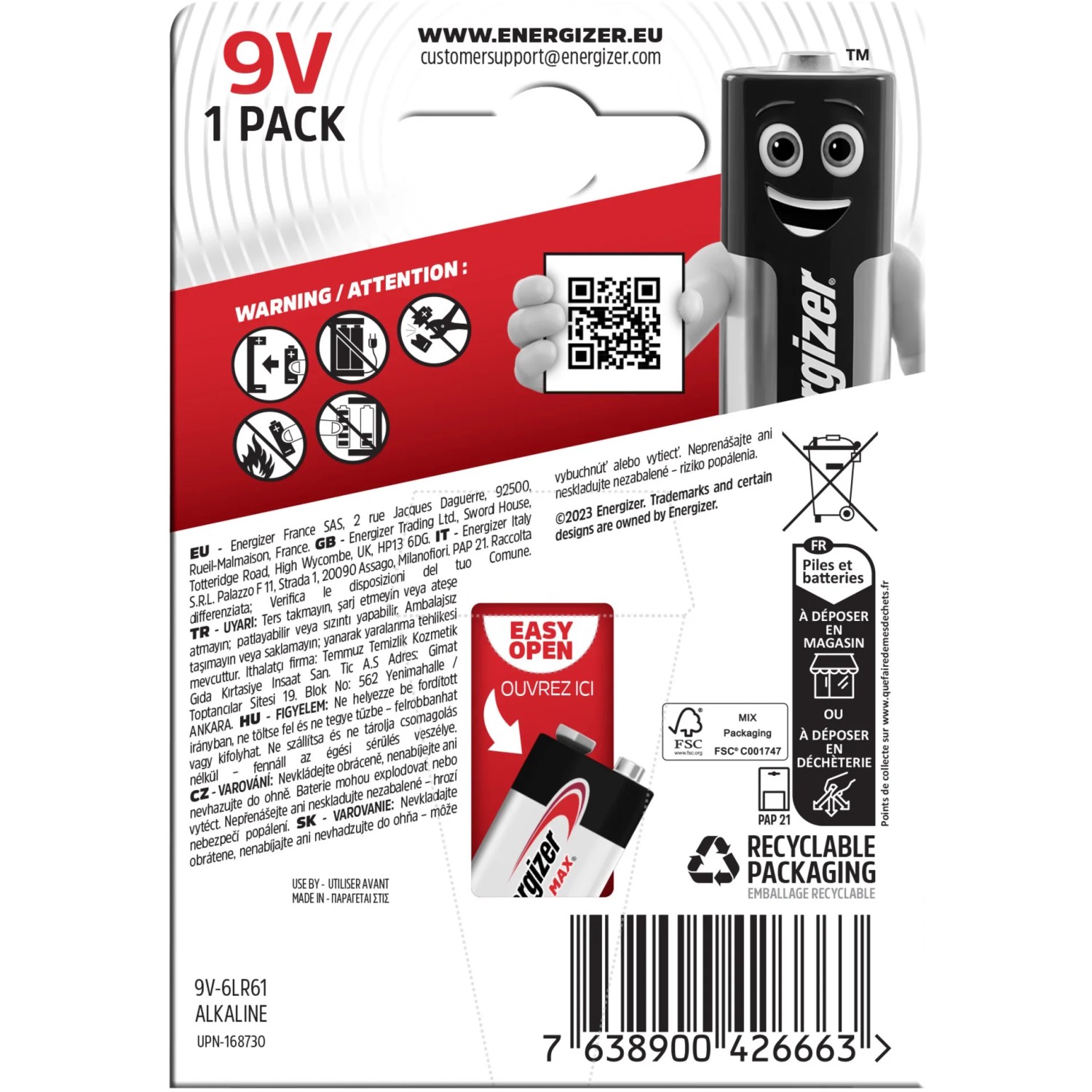 Pila alcalina Energizer Max 9V, confezione singola. Ideale per dispositivi esigenti.