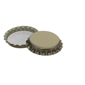 Tappi a corona color argento per chiusure di bottiglie.