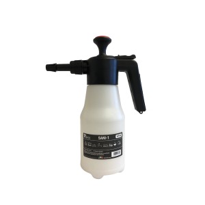 Spruzzatore a pressione per giardino e casa, contenitore bianco, manico nero.