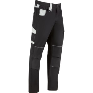 Pantaloni da lavoro neri con dettagli riflettenti, tasche multiple e tasche per ginocchiere. Abbigliamento da lavoro robusto.