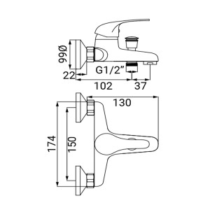 Disegno tecnico: t.b.t. rubinetto per vasca con dimensioni.