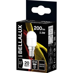 Lampada speciale LED Bellalux T26 E14, 2.3W, bianco caldo, nella confezione del prodotto.