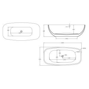 Disegno tecnico della vasca freestanding t.b.t. con dimensioni.