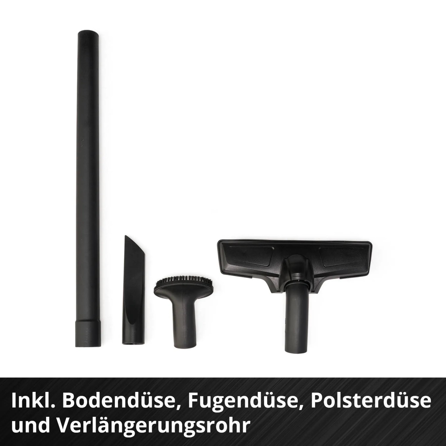 Accessori per aspirapolvere a batteria Einhell Power X-Change: tubo di prolunga, bocchetta per pavimenti, fessure e imbottiti.