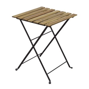 Tavolino pieghevole da balcone con piano in legno e struttura in metallo nero.