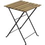 Tavolino pieghevole da balcone con piano in legno e struttura in metallo nero.