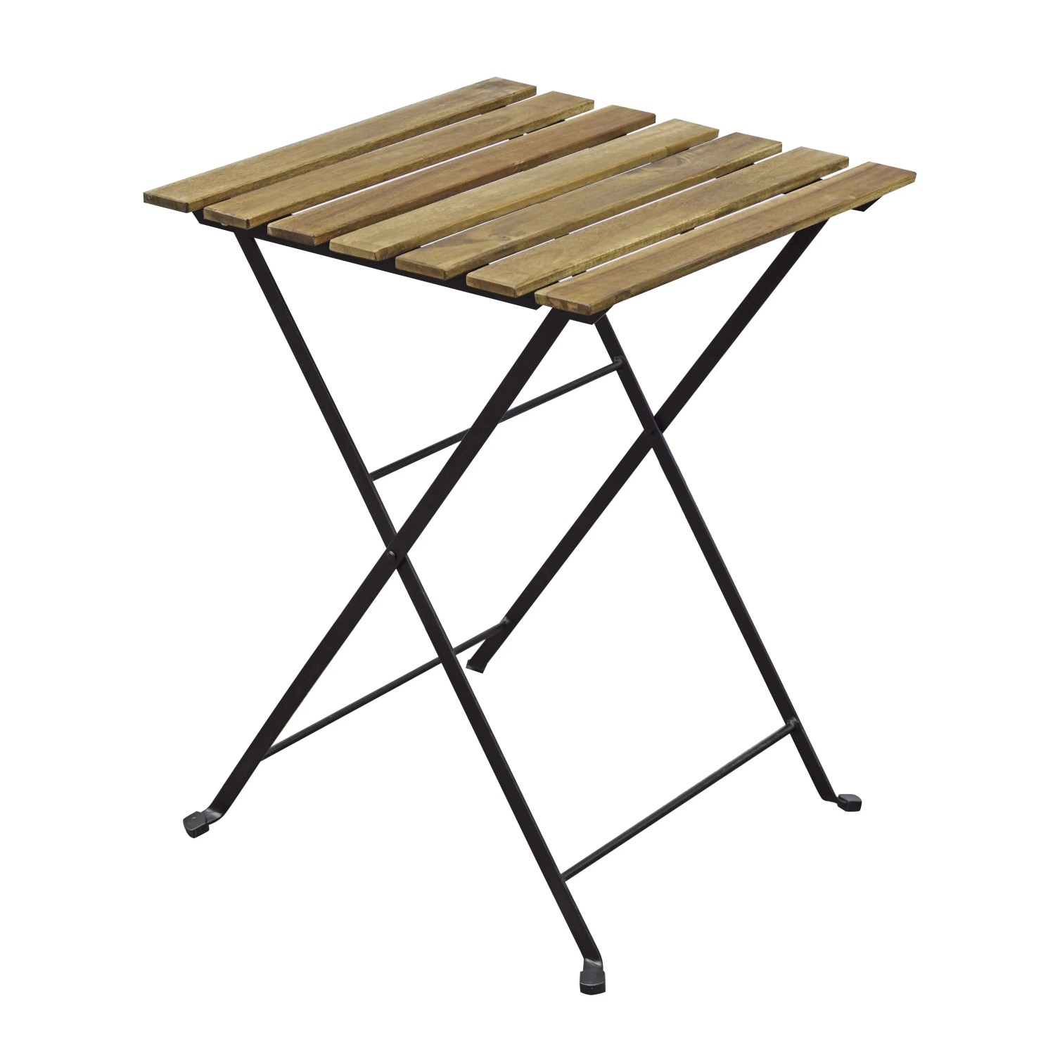 Tavolino pieghevole da balcone con piano in legno e struttura in metallo nero.