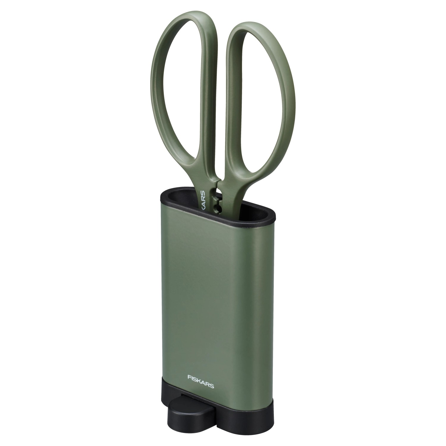 Cesoie da potatura Fiskars verdi con supporto per tagli puliti e conservazione pratica.
