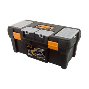 Cassetta porta attrezzi nera con dettagli arancioni e scomparti trasparenti nel coperchio.
