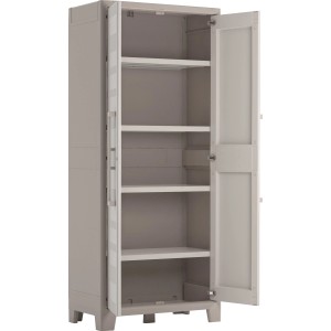 Mobiletto in plastica KIS Gulliver, beige sabbia, con 4 ripiani, aperto. Sistema di scaffalature per cantina, garage e ripostiglio.
