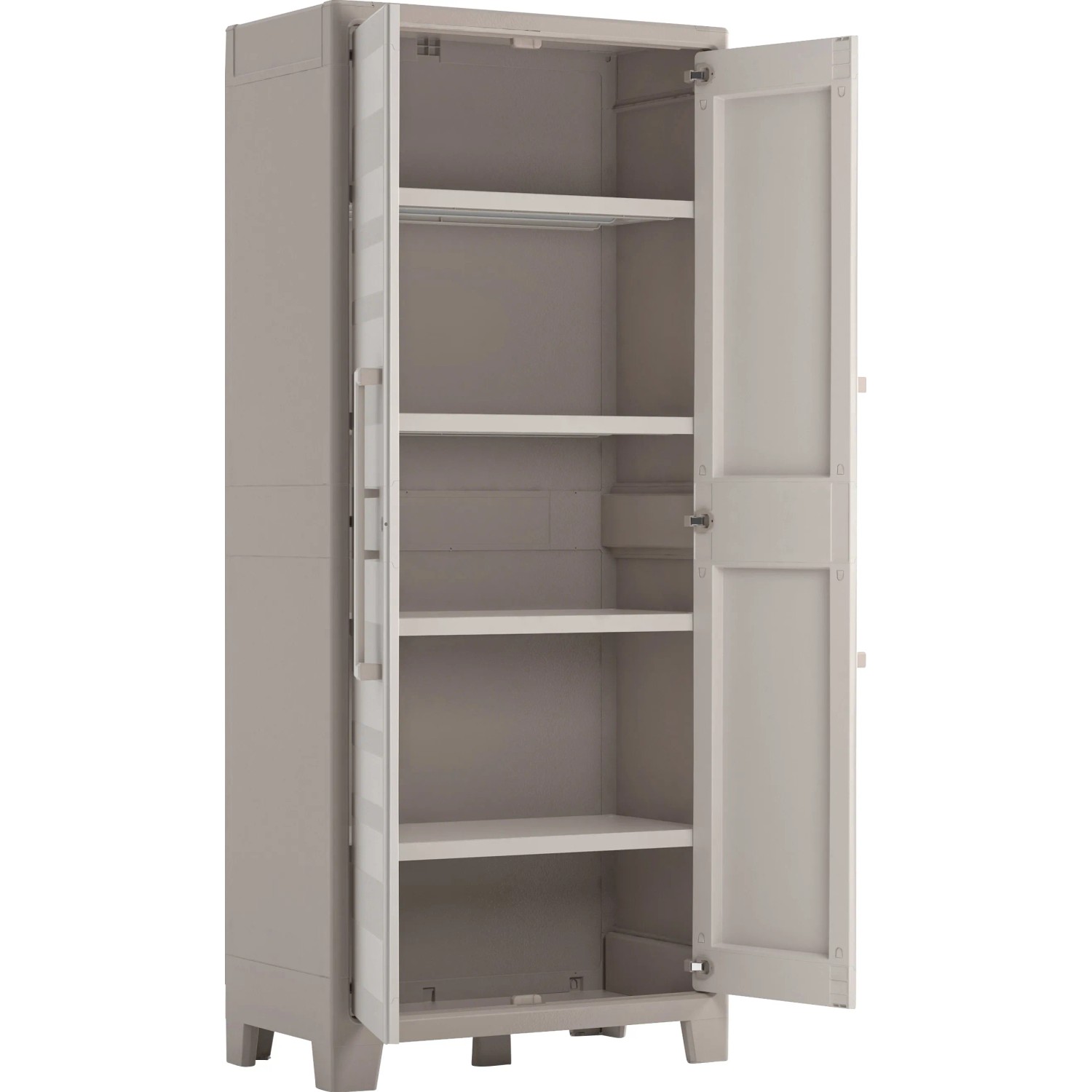 Mobiletto in plastica KIS Gulliver, beige sabbia, con 4 ripiani, aperto. Sistema di scaffalature per cantina, garage e ripostiglio.