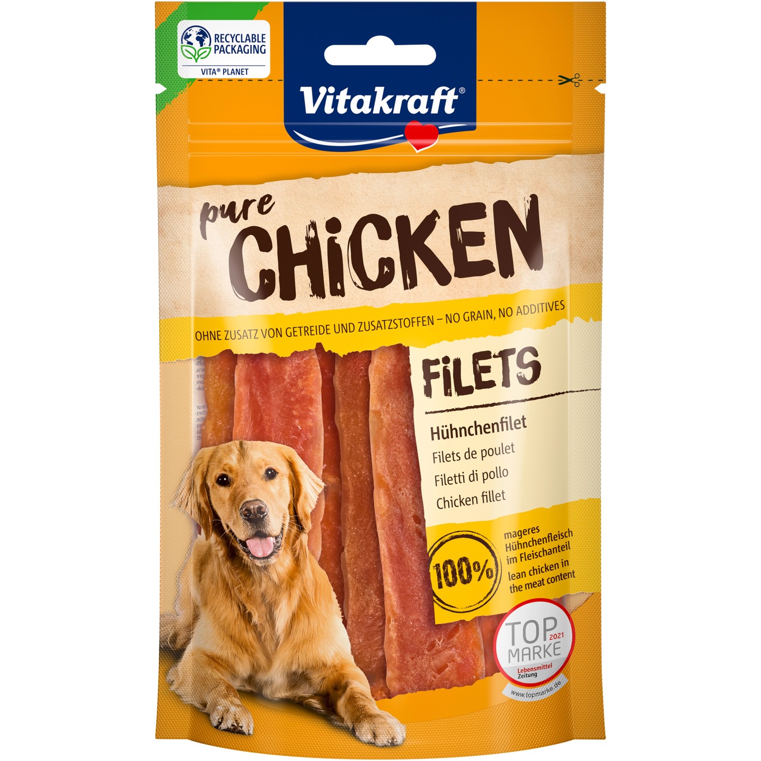 Vitakraft Pur Filetto di Pollo per cani, confezione da 80g. Snack per cani con 100% pollo.