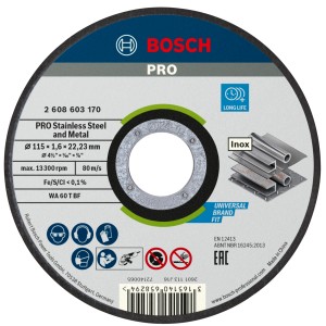Disco da taglio Bosch Pro, 115x1.6 mm, per acciaio inox e metallo. Accessorio per smerigliatrice angolare.