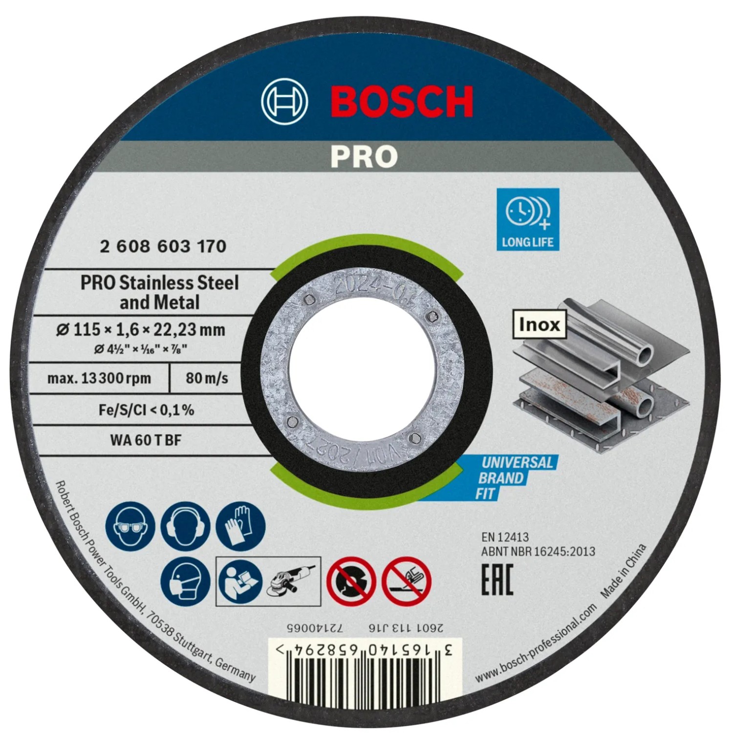Disco da taglio Bosch Pro, 115x1.6 mm, per acciaio inox e metallo. Accessorio per smerigliatrice angolare.