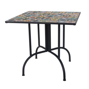 Tavolo da giardino quadrato con motivo a mosaico e struttura in metallo nero.