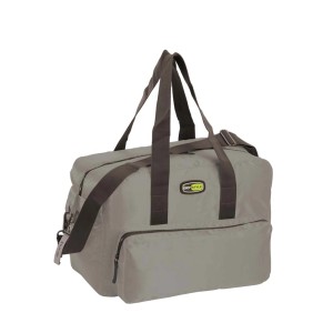 Borsa da viaggio/sportiva grigia con manici marroni per campeggio e tempo libero.