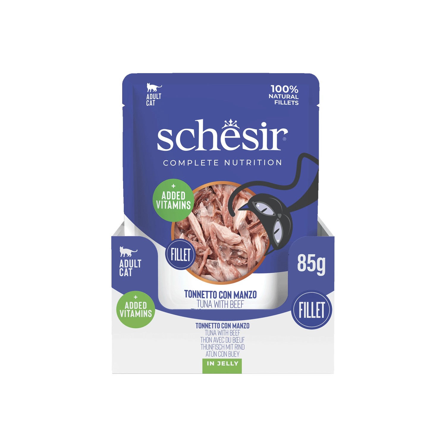 Cibo umido per gatti Schesir Tonnetto con manzo filetti jelly busta 12x85g_6