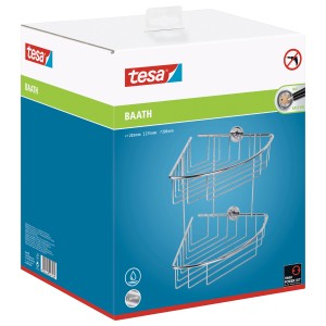 Tesa Mensola angolare doccia Baath Plus, cromata, nella confezione del prodotto. Mensola bagno per montaggio a parete senza forare.