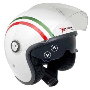 Casco t.b.t. bianco con visiera e colori italiani. Accessorio per motociclisti.