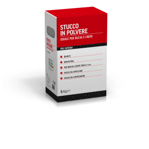 Confezione di stucco in polvere t.b.t., ideale per riempire buchi e crepe in interni.