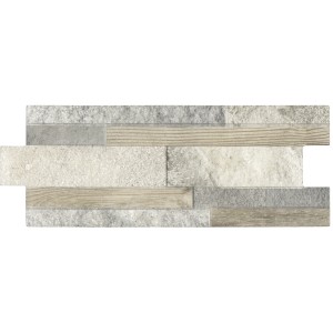 Piastrella decorativa da rivestimento effetto pietra e legno, grigio-beige.