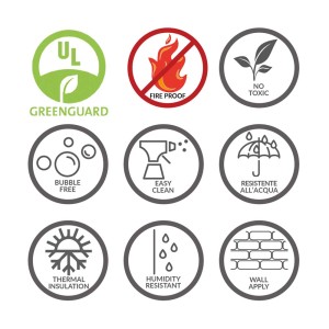 Icone per paraschizzi t.b.t.: Greenguard, ignifugo, atossico, senza bolle, facile da pulire, resistente all'acqua, isolamento termico, resistente all'umidità, applicazione a parete.