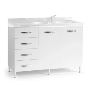 Mobile sottolavello bianco con cassetti e ante.