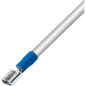 Connettore a crimpare piatto blu (Ø 2,5 mm) su estremità del cavo, set da 15 per connessioni facili.