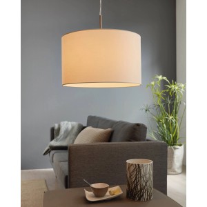 Moderna lampada a sospensione Eglo Pasteri con paralume in tessuto bianco, nichel opaco, Ø 38cm. Lampada a sospensione per soggiorno e sala da pranzo.
