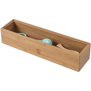 Inserto per cassetti in bambù per mobili da bagno con accessori blu e in legno.