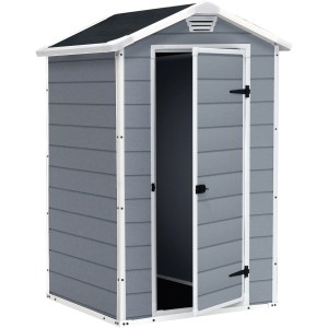Casetta da giardino Keter Manor 4x3 grigio-bianca con porta aperta. Rimessa in plastica per attrezzi da giardino.