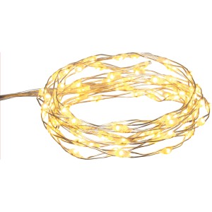 Catena luminosa LED con 200 LED bianco caldo e cavo argentato, arrotolata.