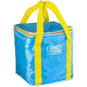 Borsa frigo blu con manici gialli per campeggio e tempo libero.