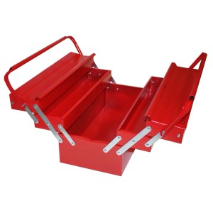 Cassetta porta attrezzi rossa aperta con scomparti multipli per utensili e accessori.