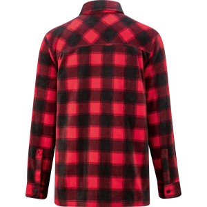 Camicia in pile a quadri rossi e neri, vista posteriore. Robusta camicia da boscaiolo in morbido poliestere per lavoro.