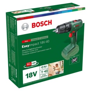 Trapano avvitatore a percussione Bosch EasyImpact 18V-40 su confezione, verde-nero, 18V, 40 Nm.