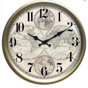 Orologio da parete con mappa del mondo, cornice dorata. Orologio decorativo per soggiorno e ufficio.