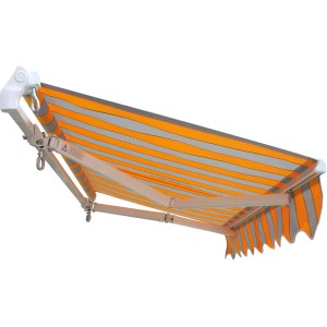 Tenda da sole t.b.t. a strisce arancio-grigie per protezione solare.