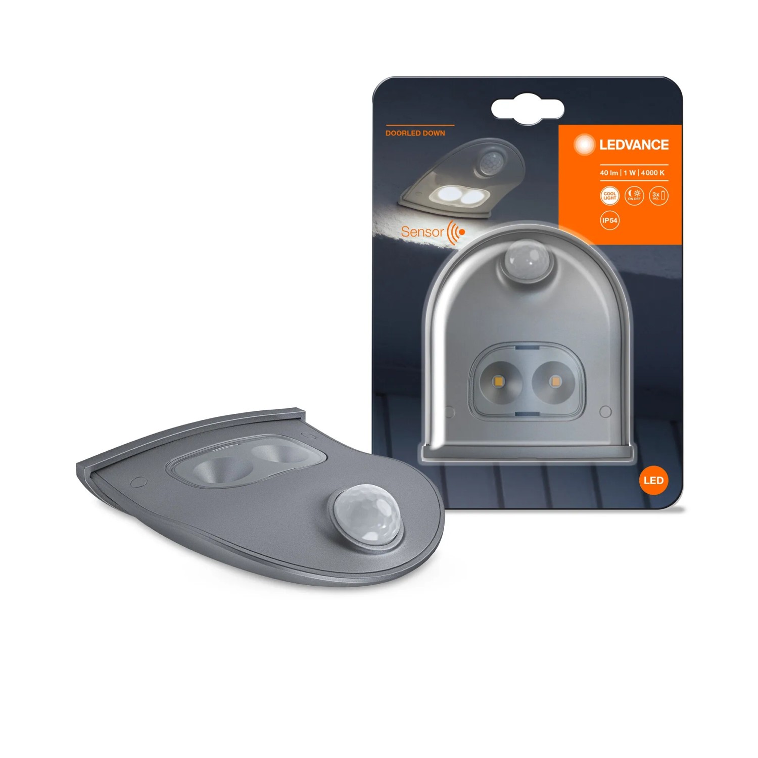 Lampada da parete per esterni Ledvance DoorLED Down argento con sensore di movimento.