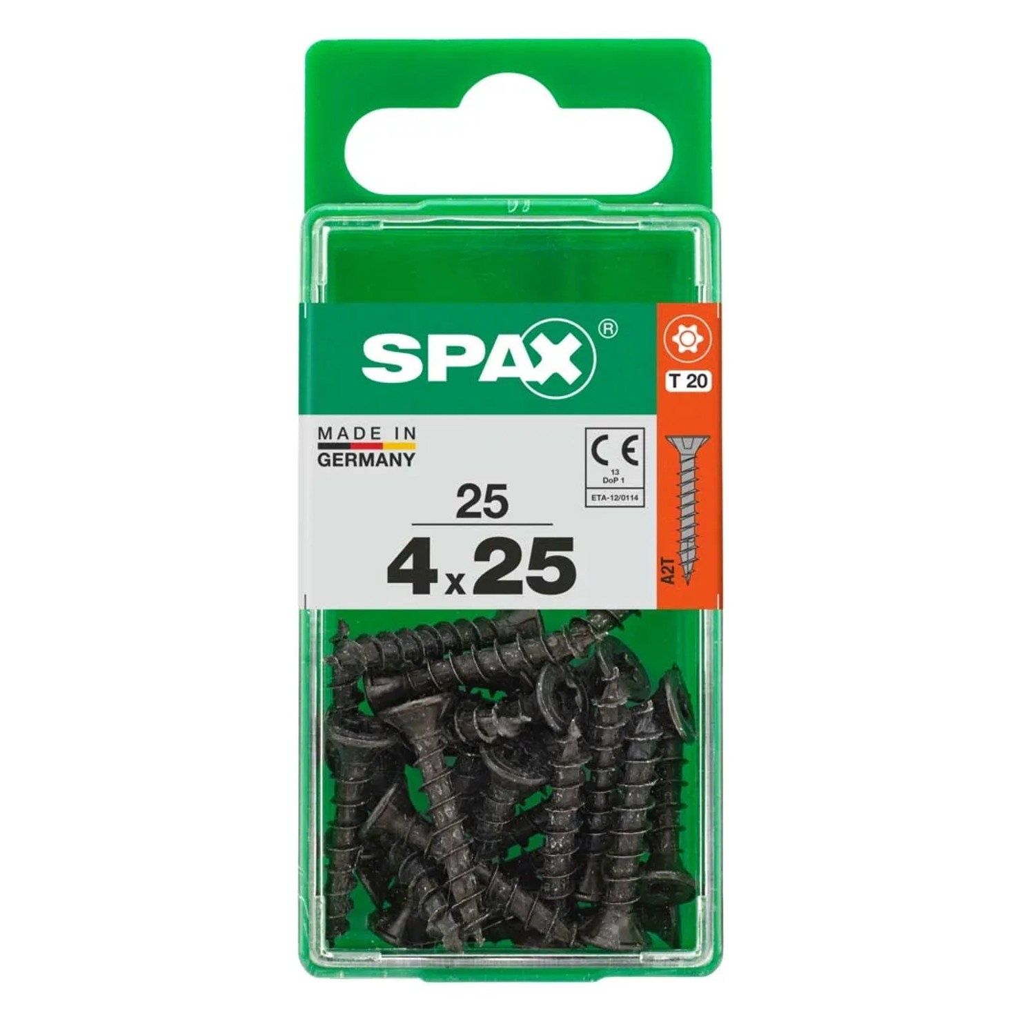 Viti universali Spax, zincate, 4x25 mm, nere, 25 pezzi in contenitore di plastica trasparente.