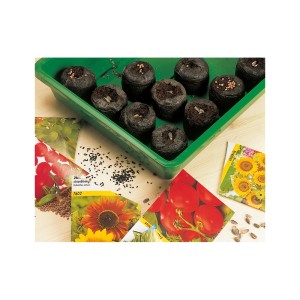 Quelltabs 3,5 cm Ø, 20 pezzi in vassoio verde con bustine di semi per la propagazione delle piante.