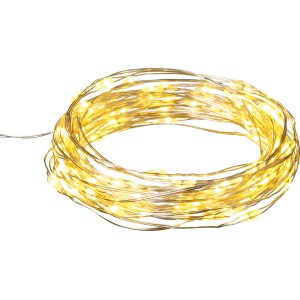 Catena luminosa a LED in rame con 20 LED bianco caldo su filo argentato, lunghezza 105 cm.