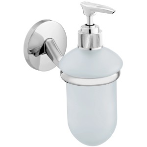 Dispenser sapone CMI S300 con contenitore in vetro satinato e supporto a parete cromato.