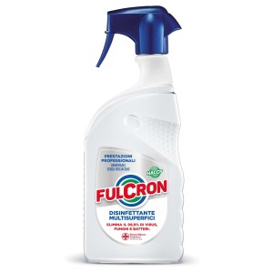Fulcron disinfettante multi superfici, flacone bianco con spruzzino blu.