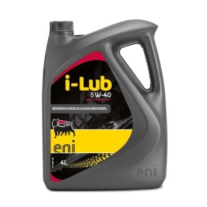 Tanica grigia da 4L di olio motore i-Lub 5W-40 di Eni per motori benzina e diesel.