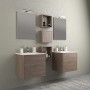 Set di mobili da bagno moderni con due lavabi, specchi e scaffali effetto legno.